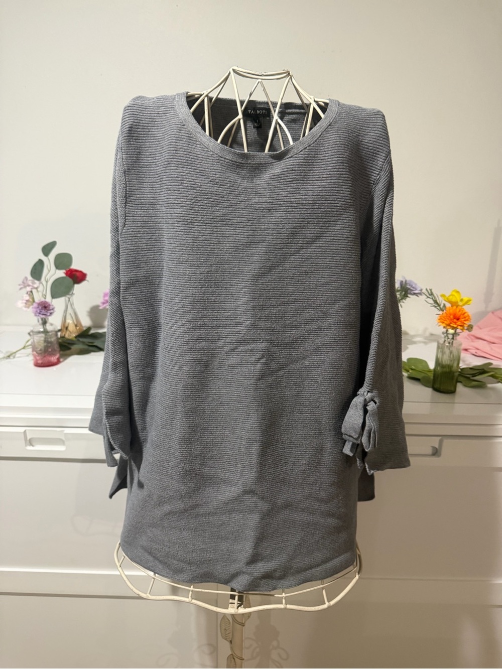 Talbots Gray Knit Tie-Sleeve Sweater Top